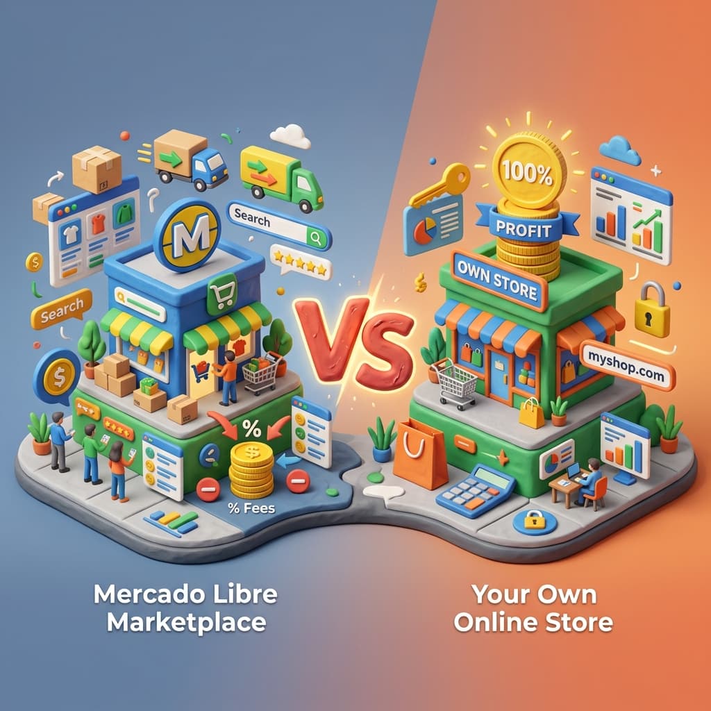 Ilustración comparando Mercado Libre vs tienda propia