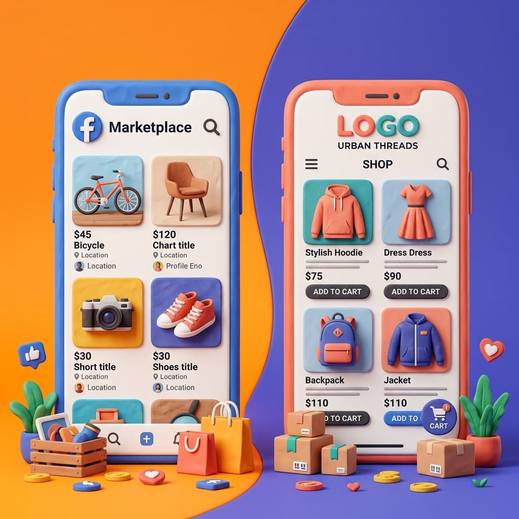 Ilustraci�n comparando Facebook Marketplace vs tienda propia