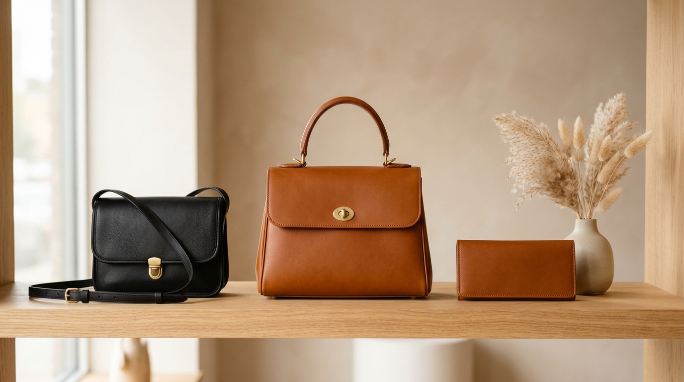 Bolsas y carteras de piel artesanal exhibidas en repisa de madera con iluminación de estudio