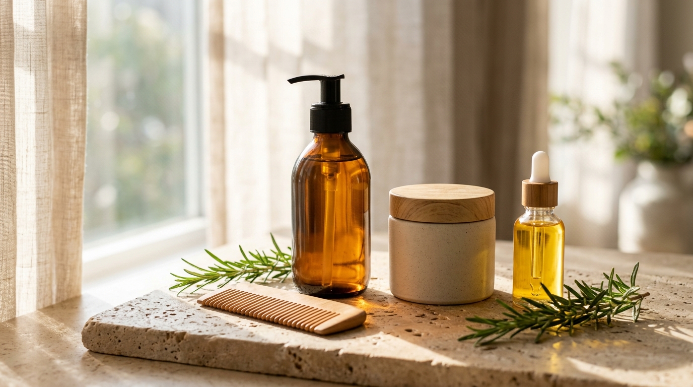 Productos de cuidado capilar y belleza profesional sobre piedra travertino con luz natural