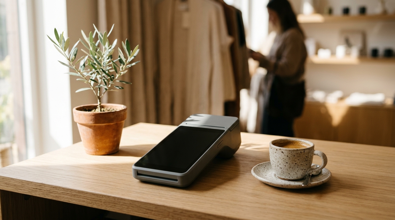 Mostrador de negocio con terminal de cobro moderna y taza de café espresso
