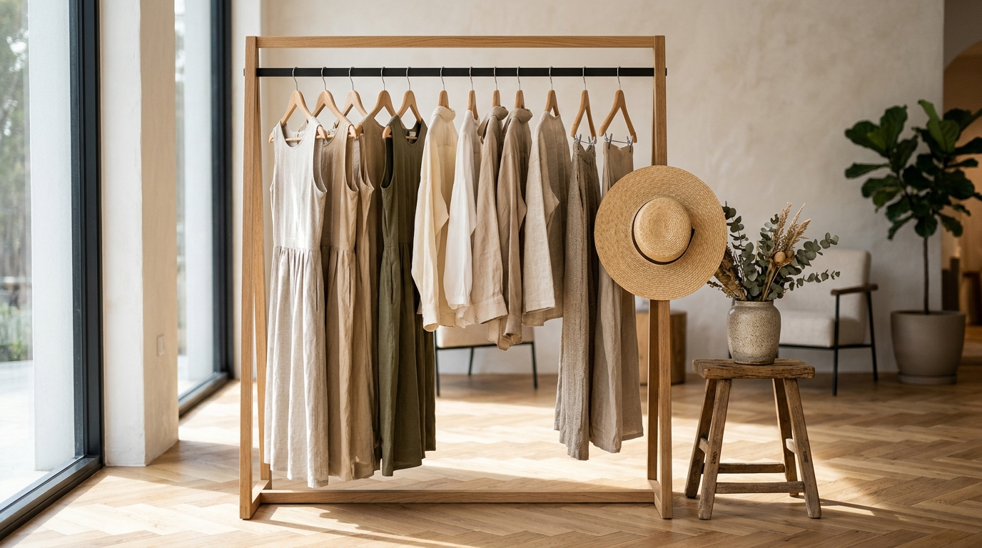 Rack de madera en boutique de moda con prendas de lino y algodón iluminadas con luz natural